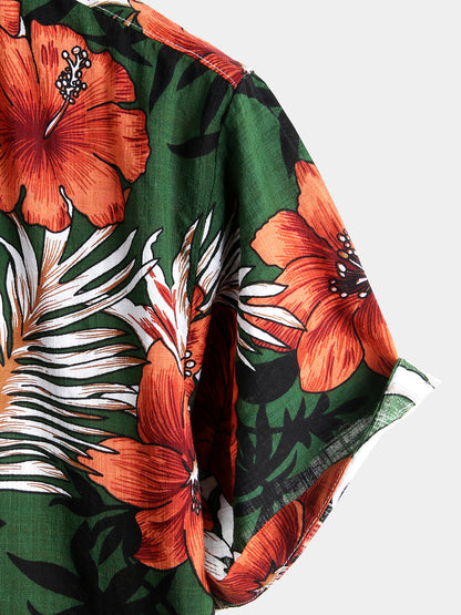 Men's Green Flower Tropical Hawaii Cotton Short Sleeve Shirt