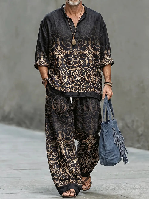 Men's Retro Abstract Print Casual Linen Top And Pants Two-piece Set