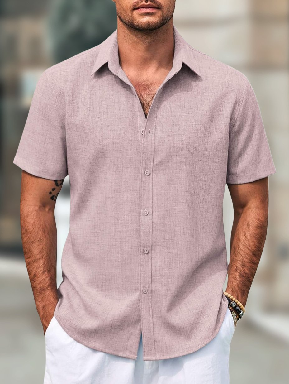 Men's Retro Casual Short Sleeve Faux Linen Lapel Shirt