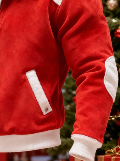 Men's Suede Warm Plush Color-Blocked Christmas Hooded Sweatshirt