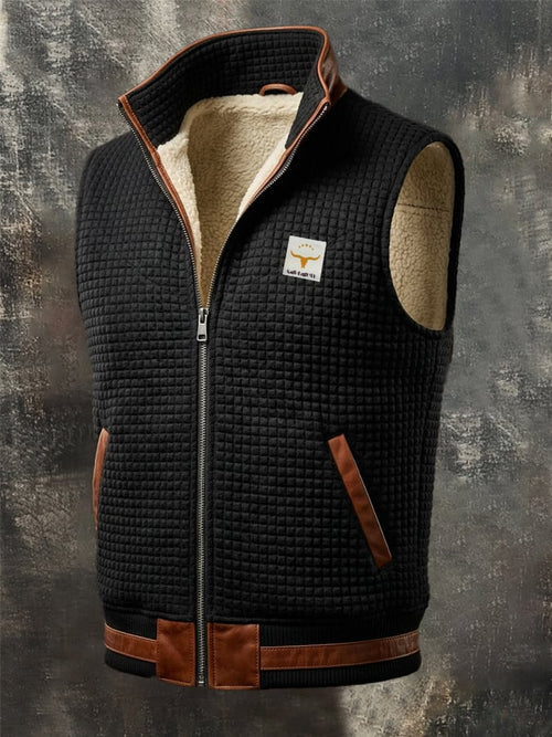 Men's Retro Leather-Panelled Insulated Outdoor Hooded Vest
