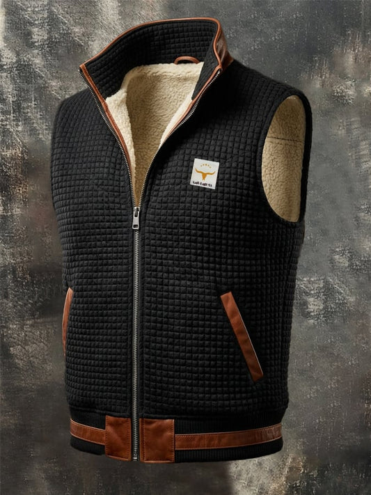 Men's Retro Leather-Panelled Insulated Outdoor Hooded Vest