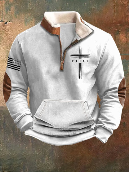 Men's faith faith vintage zip-up collar long-sleeved sweatshirt