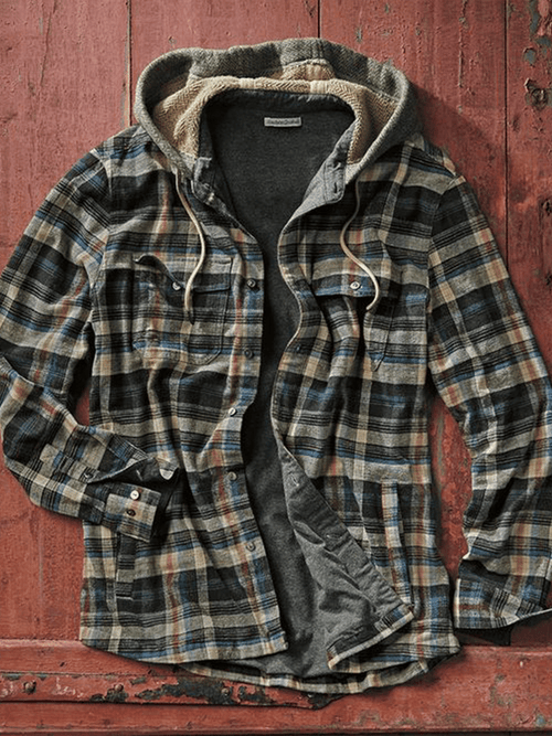 Men's Outdoor Vintage Zip Plaid Hooded Jacket