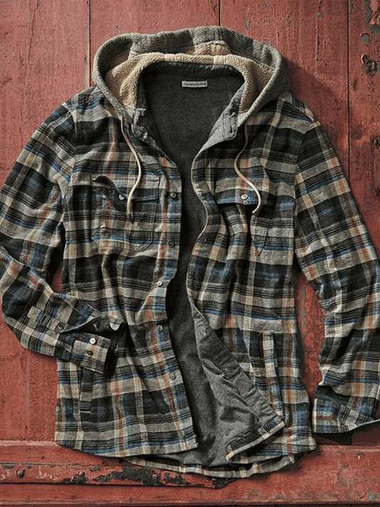 Men's Outdoor Vintage Zip Plaid Hooded Jacket