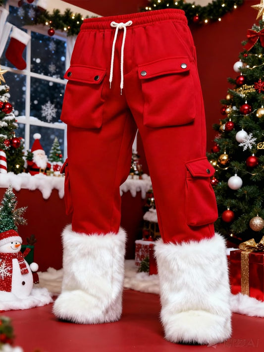 Men's Retro Multi-Pocket Plush Christmas Cargo Pants