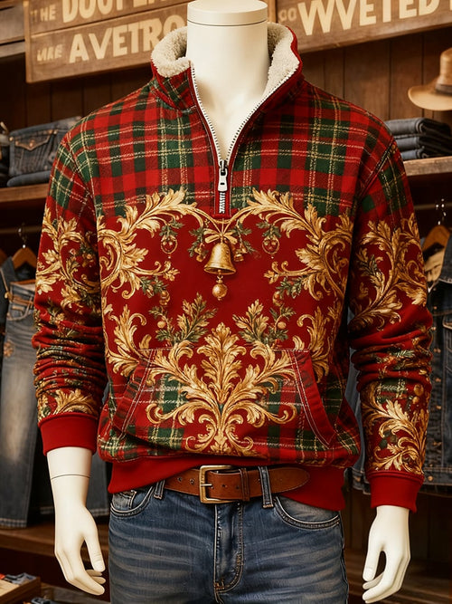 Men's Vintage Christmas Holiday Quarter Zip Fur Collar Sweatshirt