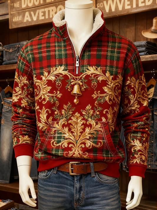 Men's Vintage Christmas Holiday Quarter Zip Fur Collar Sweatshirt