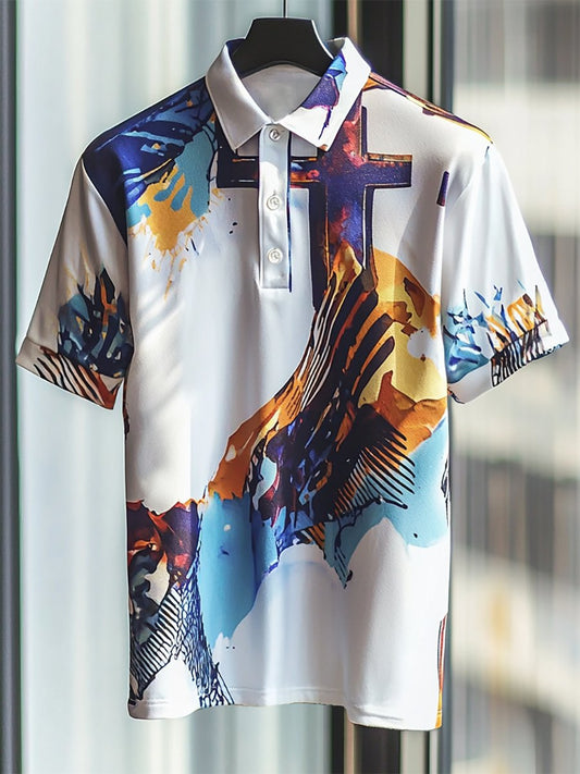 Men's Business Casual Cross Faith Button Short Sleeve Polo Shirt