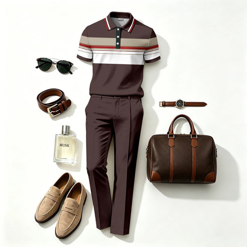 Men's Casual Dark Brown Stripes Printed Polo Shirt And Pants Two-Piece Set