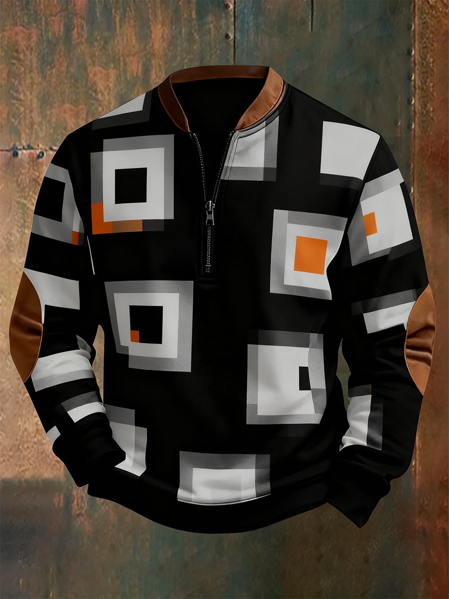 Men's Retro Bauhaus Geometric Style Print Quarter Zip Sweatshirt