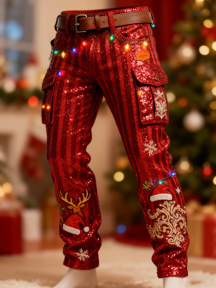 Men's Retro Christmas Hat Striped Print Cargo Pants