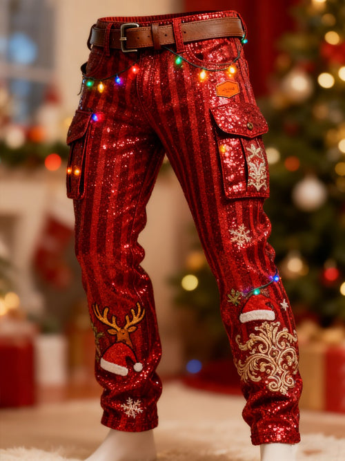 Men's Retro Christmas Hat Striped Print Cargo Pants