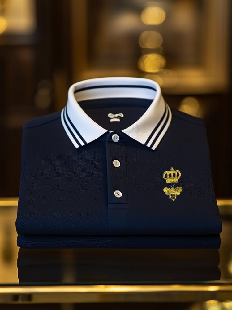 Men's Classic Business Check Logo Button Short Sleeve Polo Shirt