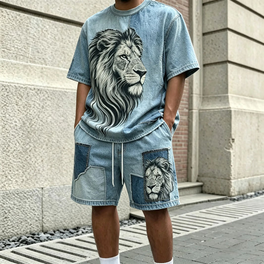 Men's Printed Round-Neck Short-Sleeve T-Shirt and Shorts Set