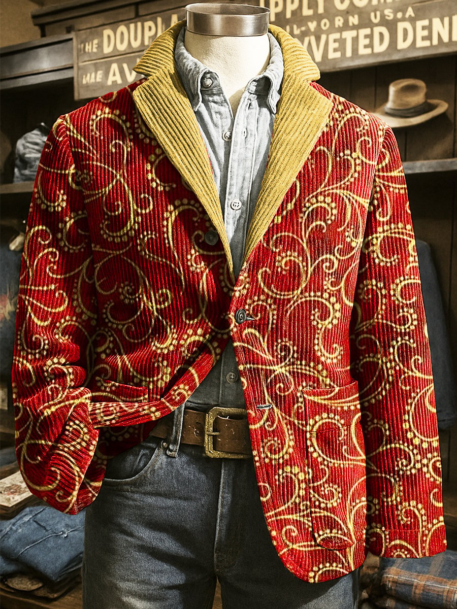 Men's Corduroy Christmas Paisley Lapel Blazer
