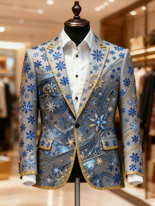 Men's Business Casual Notch Lapel Vintage Xmas Galaxy Snowflakes Colorblock Print Blazers