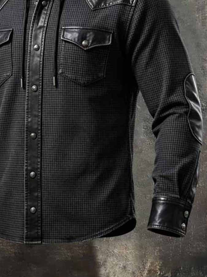 Men'S Vintage-Style Waffle-Knit And Leather Panel Hooded Western Shirt