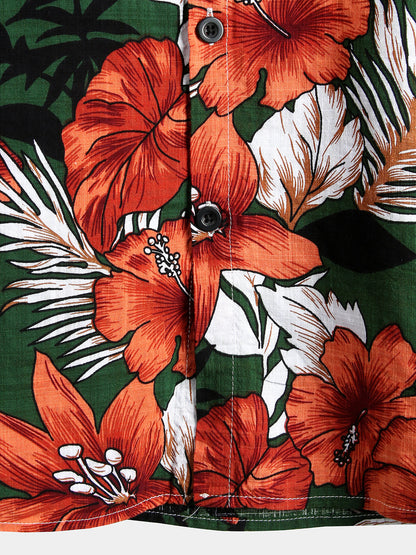 Men's Green Flower Tropical Hawaii Cotton Short Sleeve Shirt