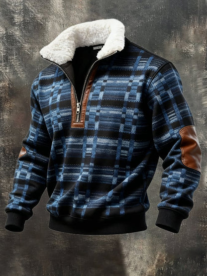 Men's Retro Color Block Print Casual Fur Collar Long Sleeve Sweatshirt