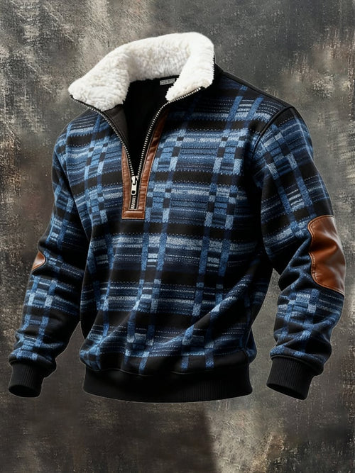 Men's Retro Color Block Print Casual Fur Collar Long Sleeve Sweatshirt