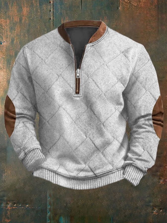 Men's Vintage Knitted Jacquard Design Printed Zipper Collar Sweatshirt