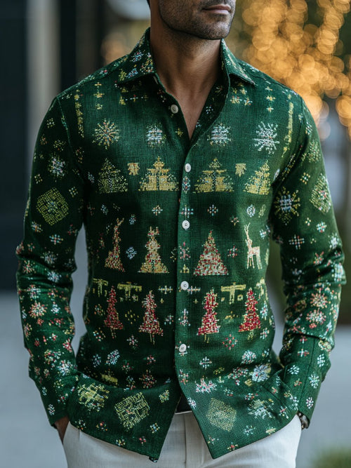 Men's Business Christmas Print Long Sleeve Shirt