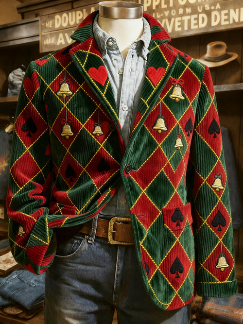 Classic Vintage Christmas Jingle Bell Print Casual Jacket