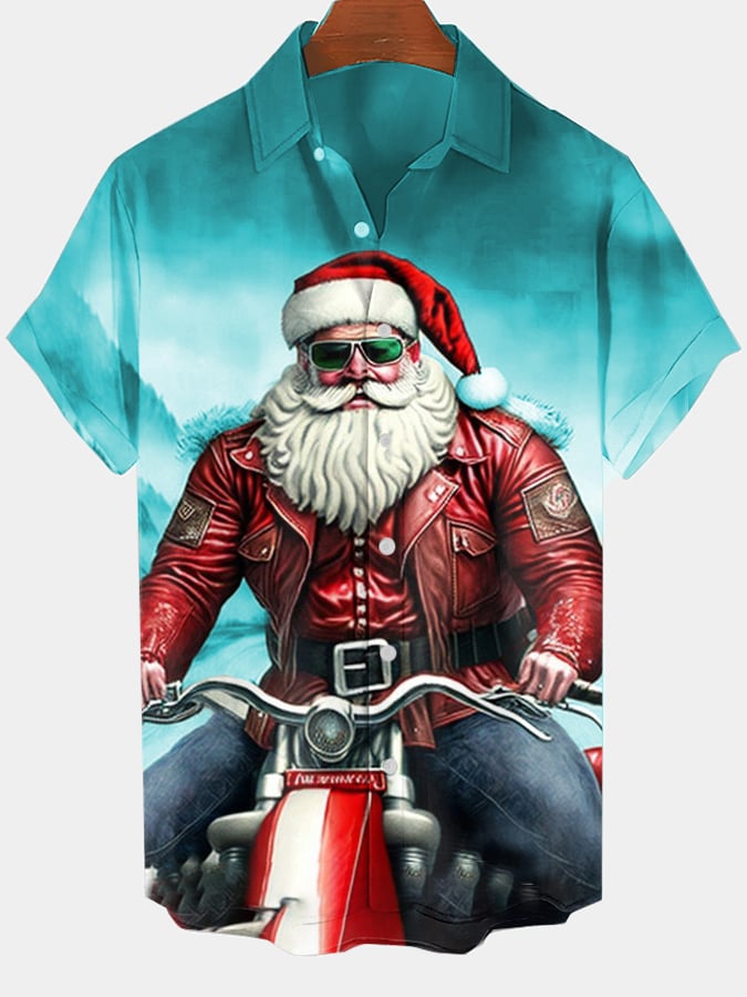 Men's Fashion Casual Santa Print Short Sleeve Shirt
