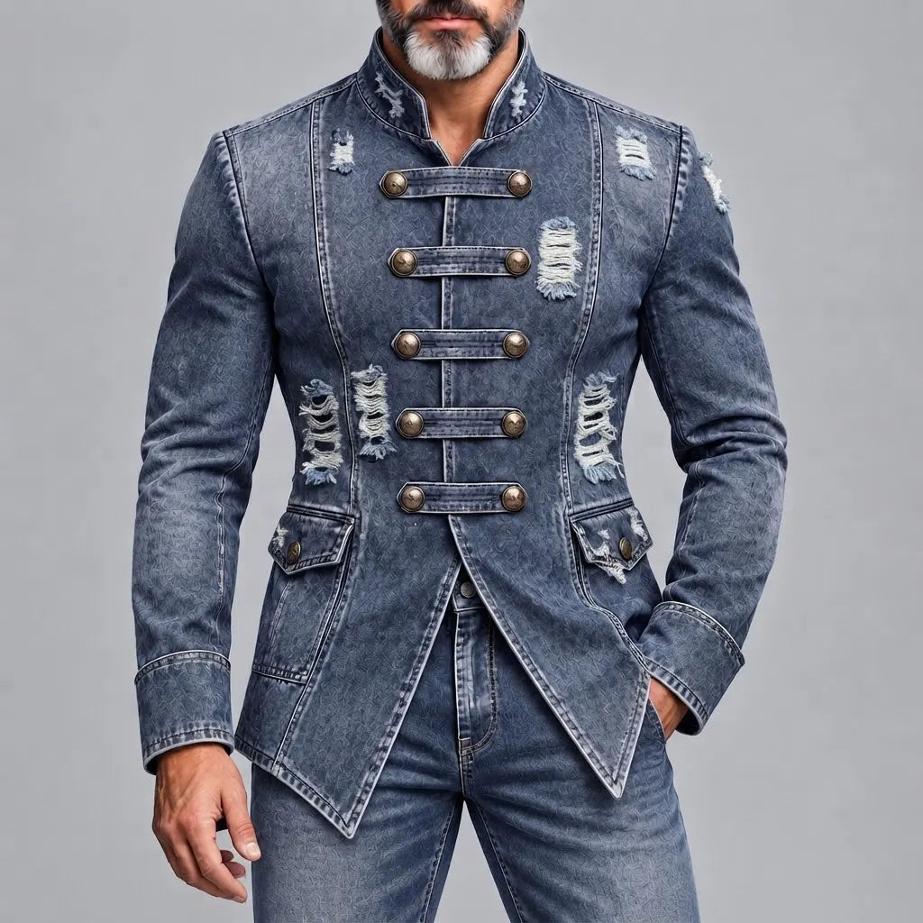 Men's Blue Vintage Distressed Washed Denim Ripped Stand Collar Single Breasted Slim Fit Jacket