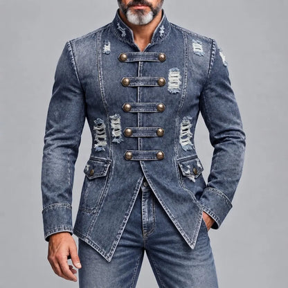 Men's Blue Vintage Distressed Washed Denim Ripped Stand Collar Single Breasted Slim Fit Jacket