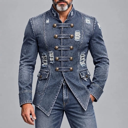 Men's Blue Vintage Distressed Washed Denim Ripped Stand Collar Single Breasted Slim Fit Jacket
