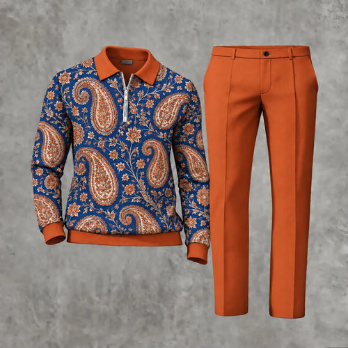 Men's Printed Zipper Polo Shirt and Pants Set