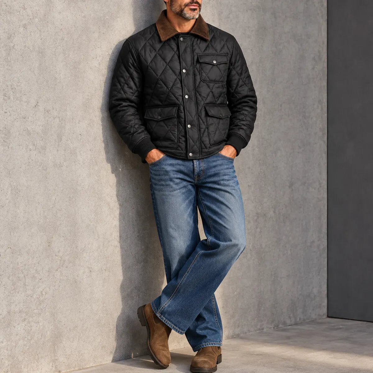 Men's Casual Solid Color Contrast Turndown Collar Utility Pockets Snap Buttons Quilted Jacket