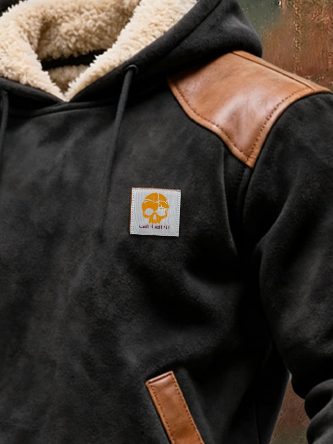 Men's Vintage Suede and Leather Paneled Hooded Sweatshirt