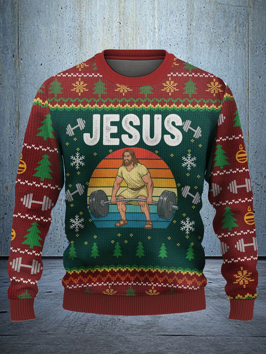 Jesus Weightlifting Ugly Christmas Sweater