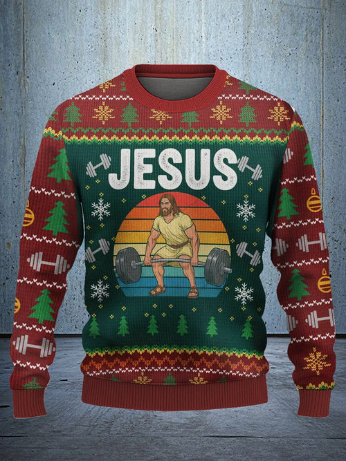 Jesus Weightlifting Ugly Christmas Sweater