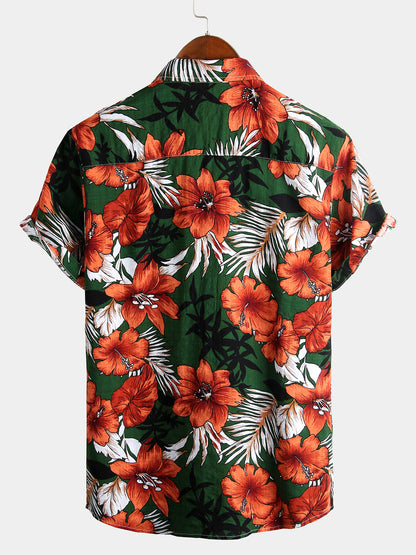 Men's Green Flower Tropical Hawaii Cotton Short Sleeve Shirt