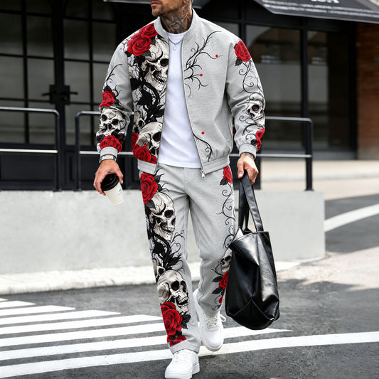 Men's Rose Skull Print Fleece-Lined Jacket and Pants Two-Piece Set