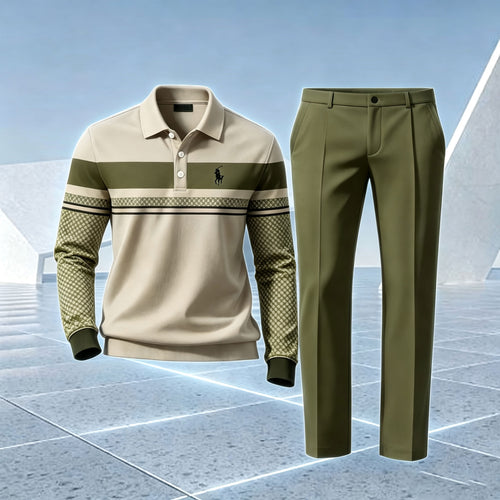 Men's Patchwork Polo Shirt and Pants Set
