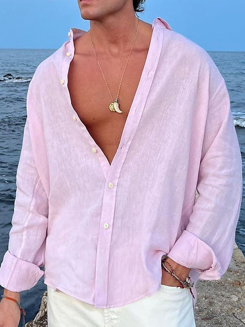Men's Shirt Linen Shirt Summer Shirt Beach Wear Button Up Shirt Plain Casual Daily Black White Pink Blue Long-Sleeve Lapel Spring & Summer Clothing Apparel