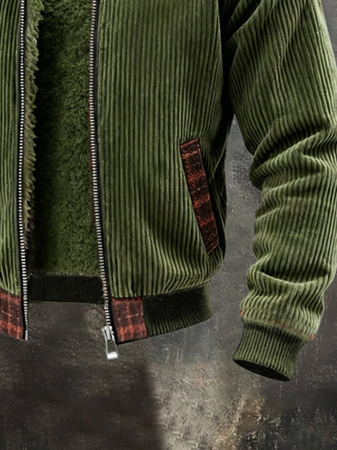 Men's Retro Warm Corduroy Color Block Outdoor Jacket