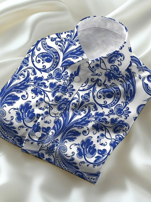 Men's Business Casual Blue Floral Lapel Short Sleeve Shirt