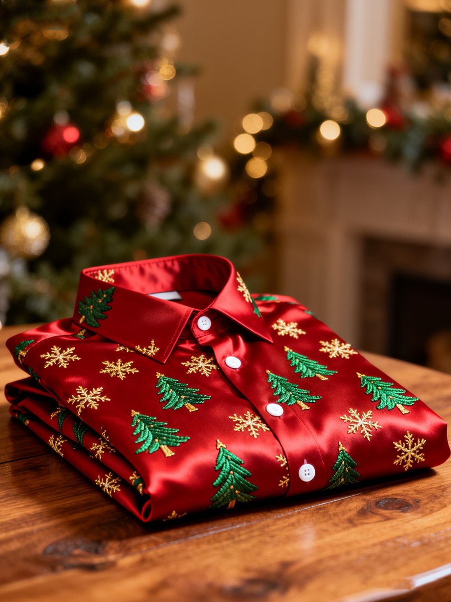 Men's Business Retro Christmas Evergreen Tree Snowflake Print Long Sleeve Shirt