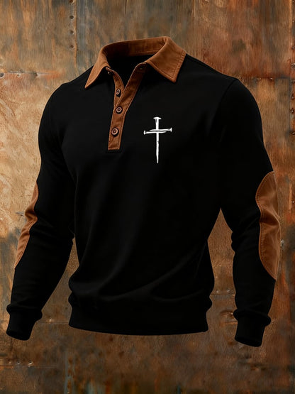 Men's Vintage Faith Cross Print Button Lapel Sweatshirt