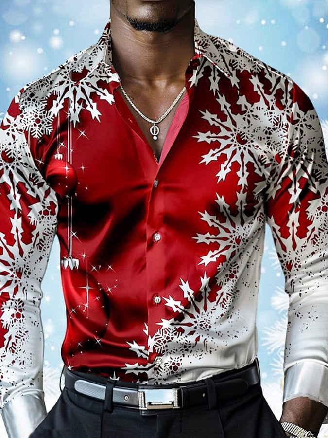Men's Luxury Christmas Contrast Color Print Long Sleeve Shirt