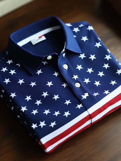 Men's Business Casual Flag Button Short Sleeve Polo Shirt