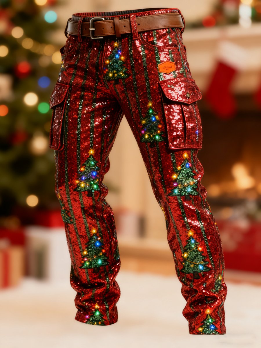 Men's Retro Christmas Evergreen Striped Print Cargo Pants