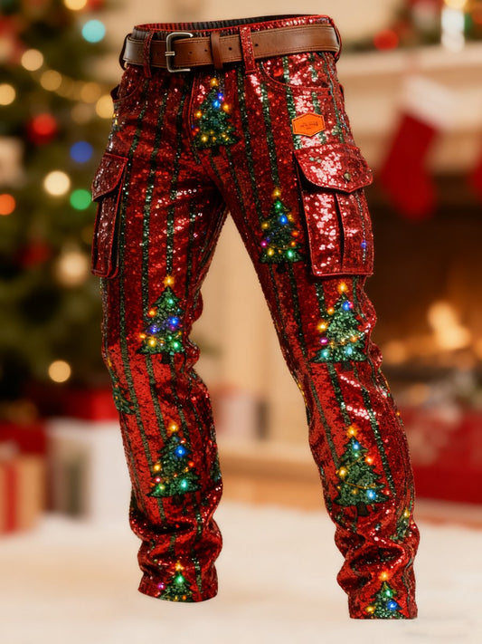 Men's Retro Christmas Evergreen Striped Print Cargo Pants