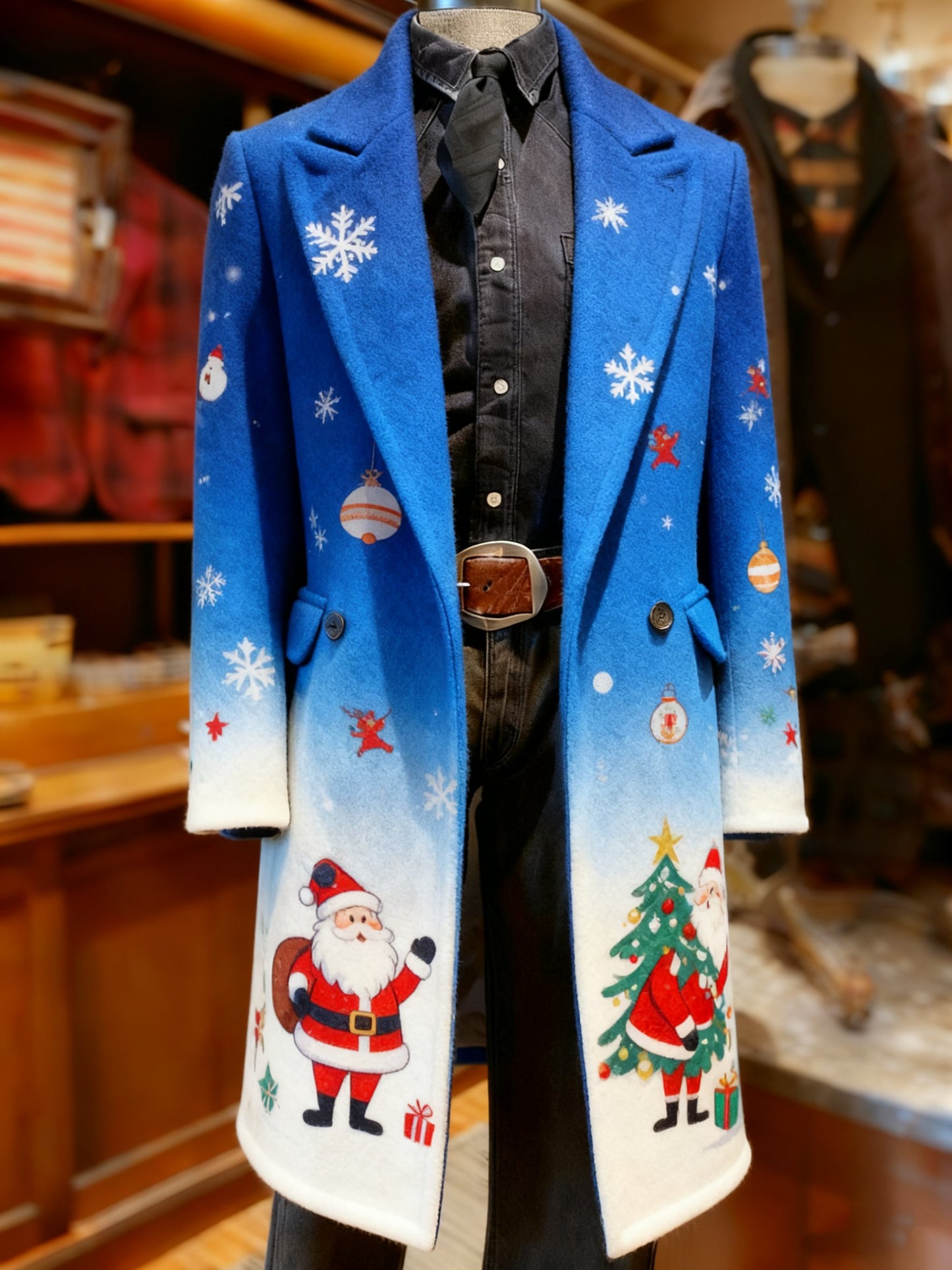 Men's Business Reindeer Christmas Tree Snowflakes Santa Long Wool Coat